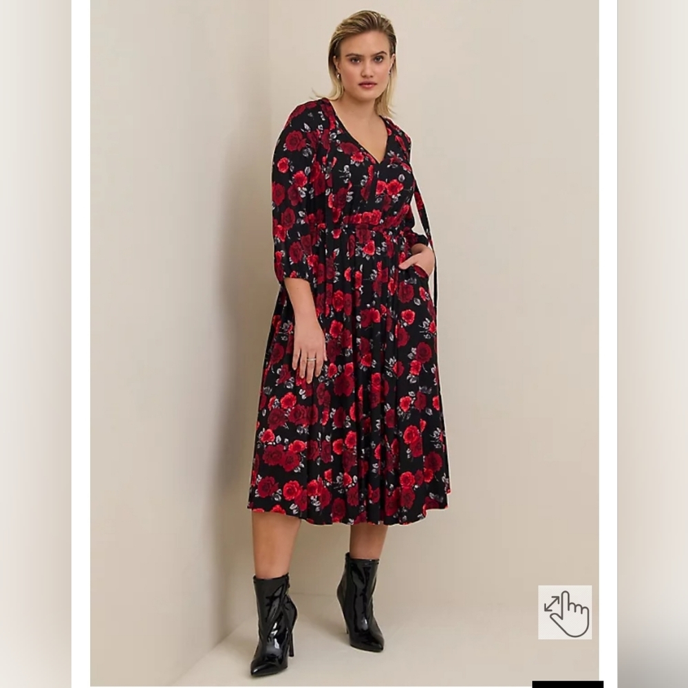 Black rose print midi dress 3X NWT